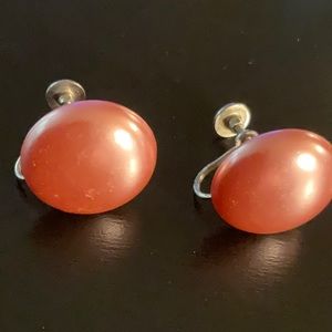 Vintage Sterling Enamel Coral Pink Silver Button Earrings Art Deco